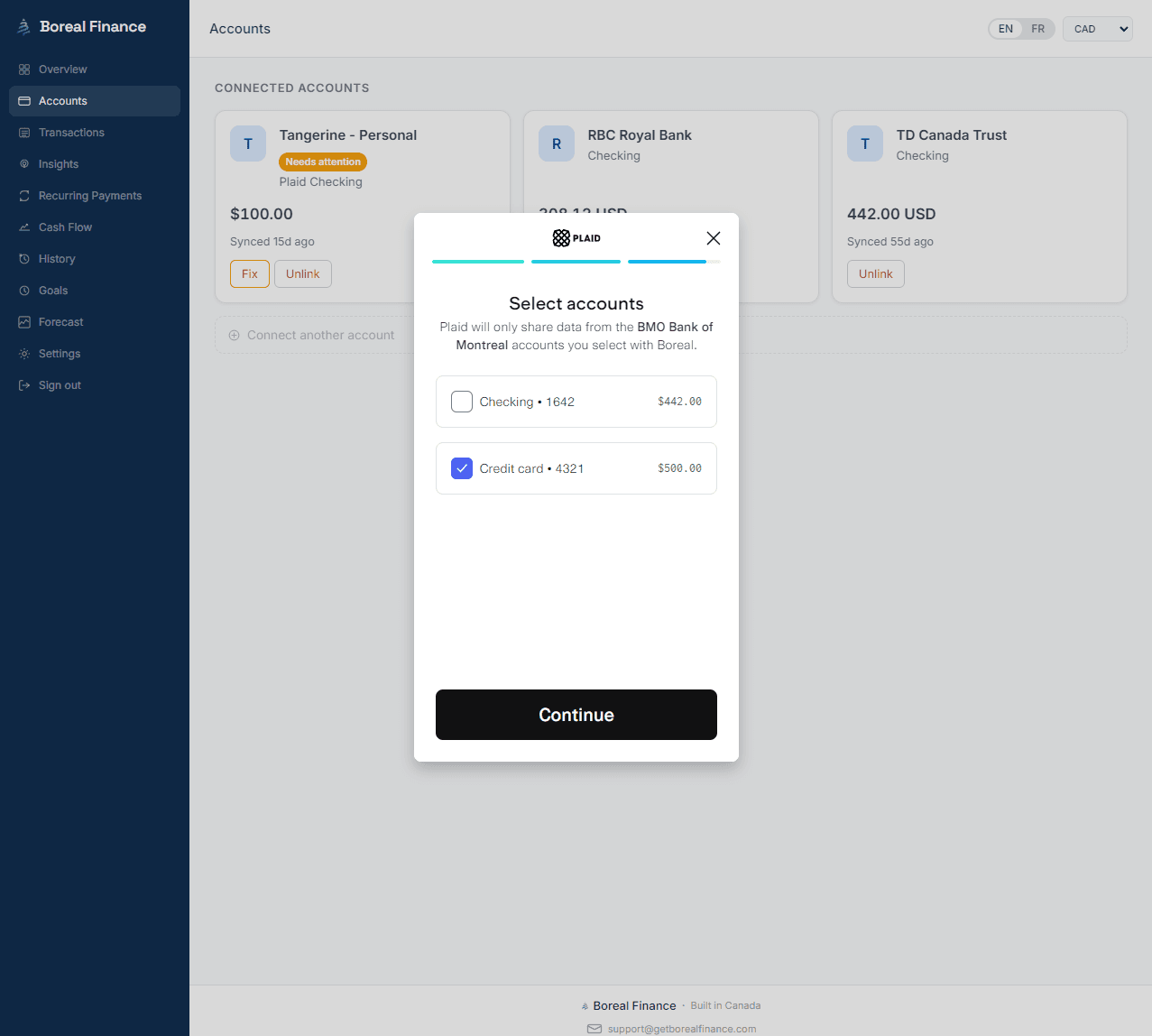 A bank connection consent screen showing which accounts a user is choosing to share with a budgeting app, with read-only access noted.